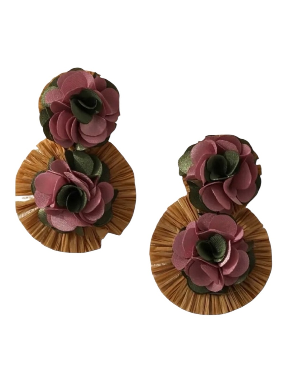 Raffia Fabric Flower Dangle Earrings